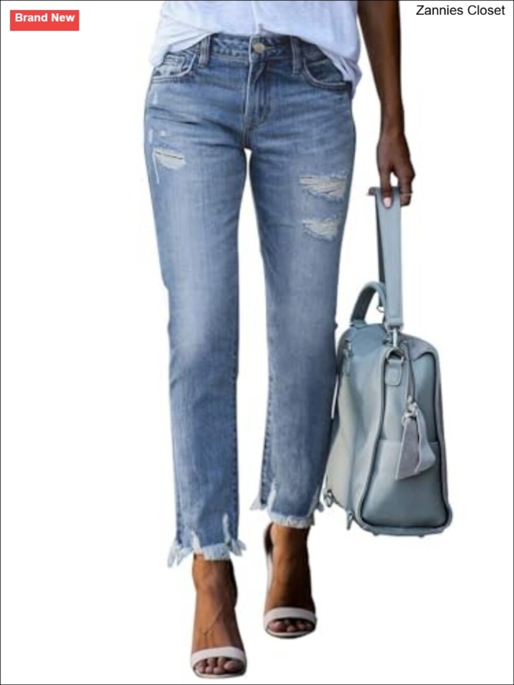 High Waisted Tummy Control Straight Ankle Ripped Jeans Stretch Denim